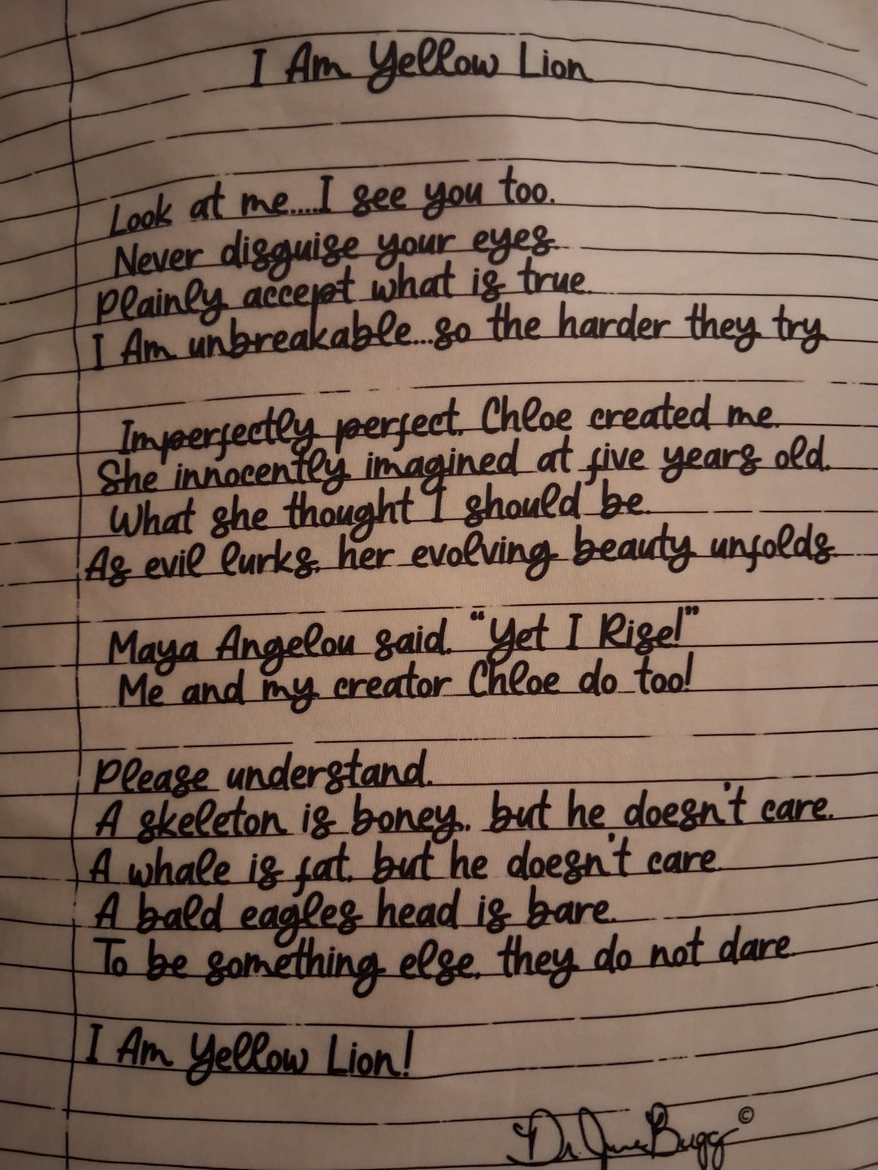 Handwritten text on lined notebook paper, featuring a poem titled 'I Am Yellow Lion' with cursive handwriting and a signature at the bottom right. The signature, 'Dr. JuneBugg,' is the alias name of the author, Eddie Wyatt, Jr.