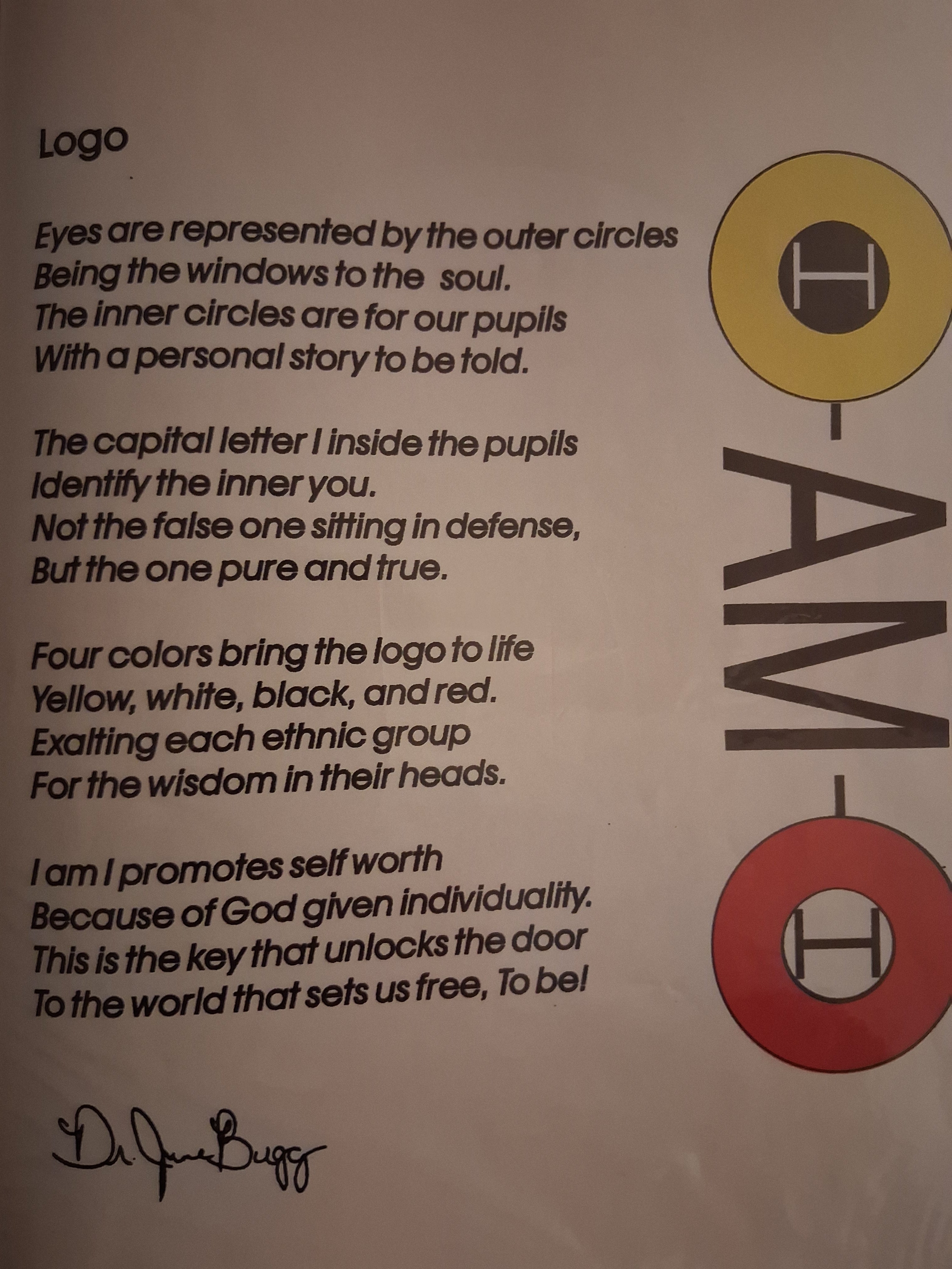 A written copy of the LOGO poem. Signed with the alias name of the author Eddie Wyatt Jr. ''Dr. JuneBugg'' is the alias name.