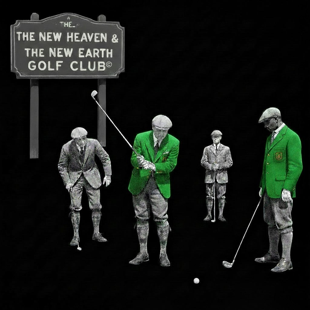 A stylized graphic on a black background showing a golf club sign reading 'The New Heaven & The New Earth Golf Club' above several vintage golfers in suits, with two highlighted in bright green jackets and two rendered in grayscale. A golf ball is visible near the bottom right. Image was prompted by Eddie Wyatt Jr.