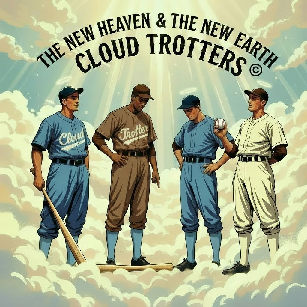 Illustrated poster-style artwork showing four baseball players in vintage team uniforms standing among clouds, with the text 'THE NEW HEAVEN & THE NEW EARTH CLOUD TROTTERS' above them. Artwork prompted by Eddie Wyatt Jr.