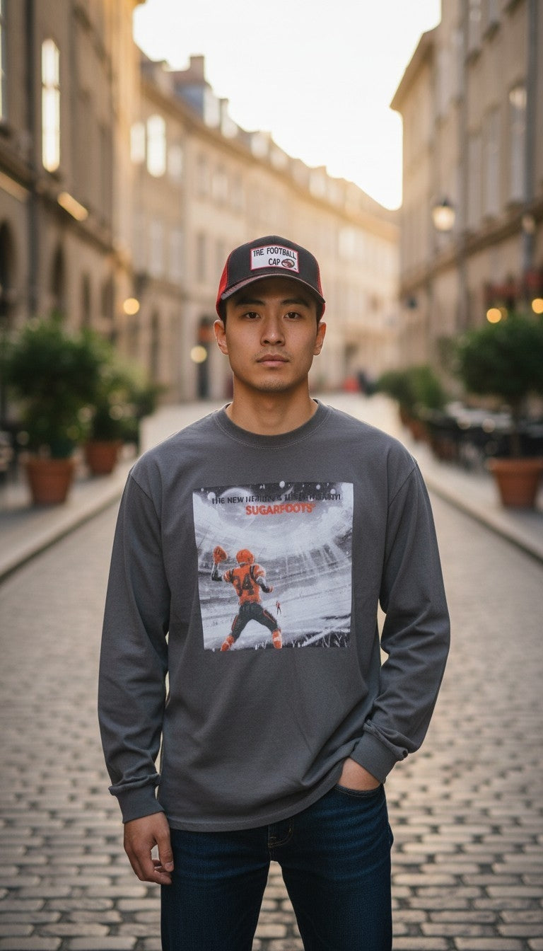 A man wearing a gray t-shirt.