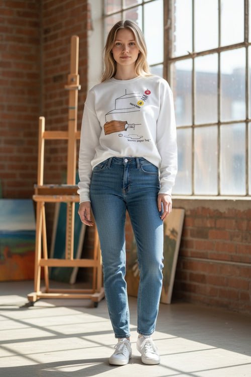 POETRY IN MOTION I AM I white crewneck sweatshirt with graphic art and text "Happy is a paper bag."